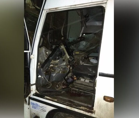 Six people were injured in crash of bus and truck in a Conspicuous